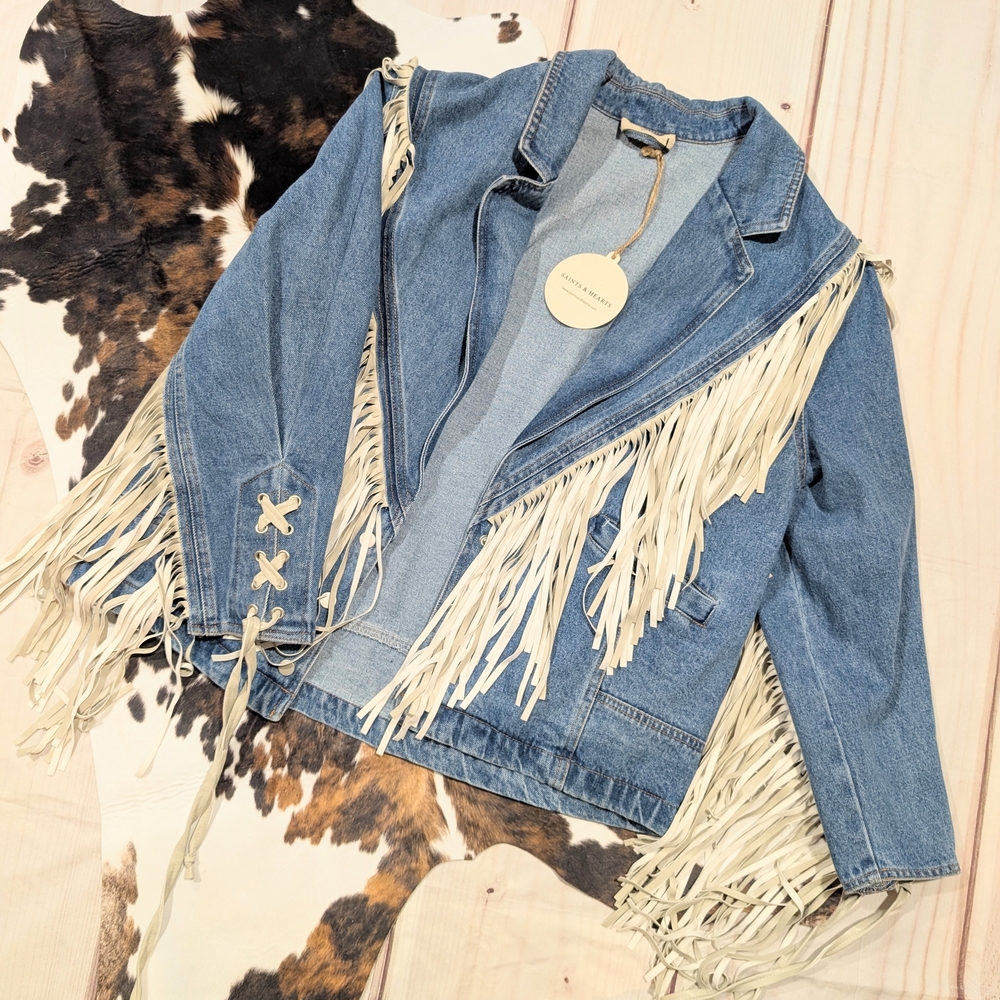 Blue Denim Jacket with Cream Fringe